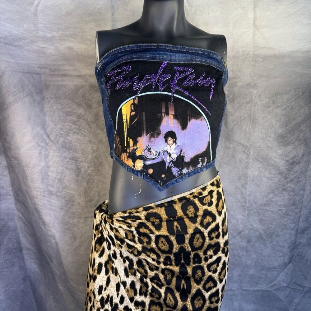 Women's Prince Purple Rain Denim Bustier Custom Rhinestones TShirt SZ Medium